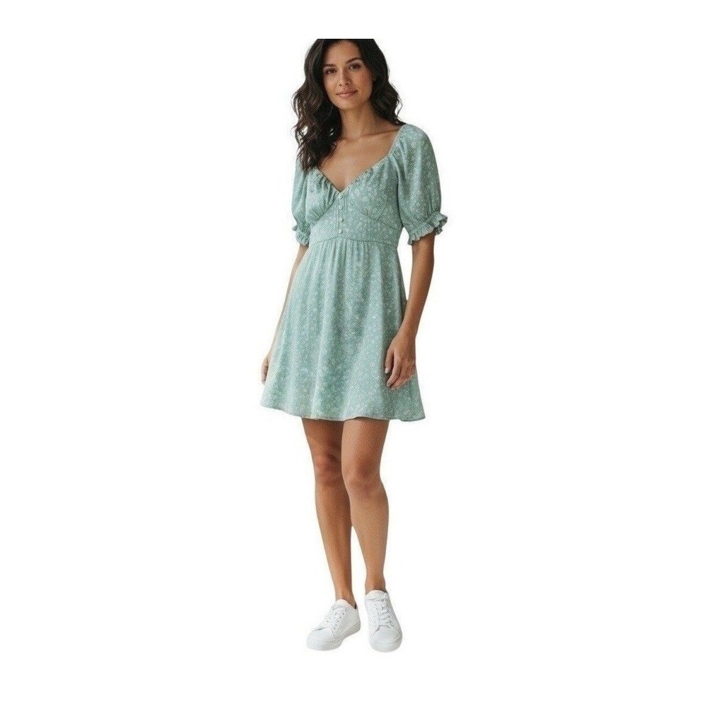 Wild Fable Women Mini Dress XS Sage Green Floral Jacquard Puff Sleeve Smocked